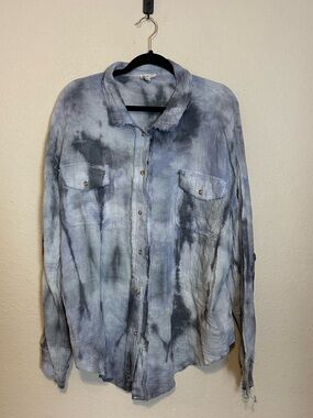 POL Boho Tie-Dye Gauze Distressed Button Down 100% Cotton Shirt Size Large
